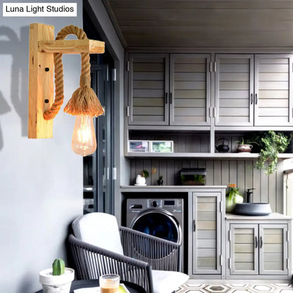 Aplique de pared con bombilla expuesta y cuerda costera - Rojo/Marrón/Madera - Lámpara de pared