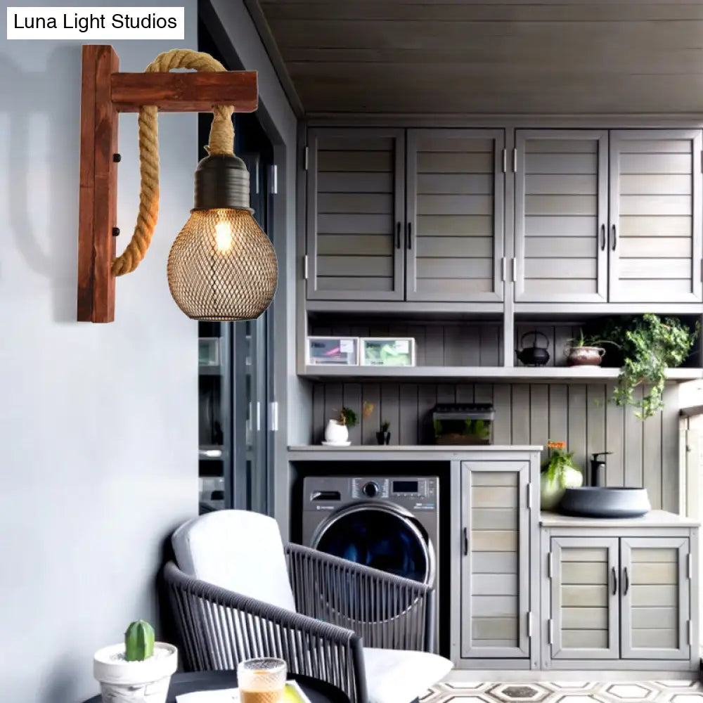 Aplique de pared con bombilla expuesta y cuerda costera - Rojo/Marrón/Madera - Lámpara de pared