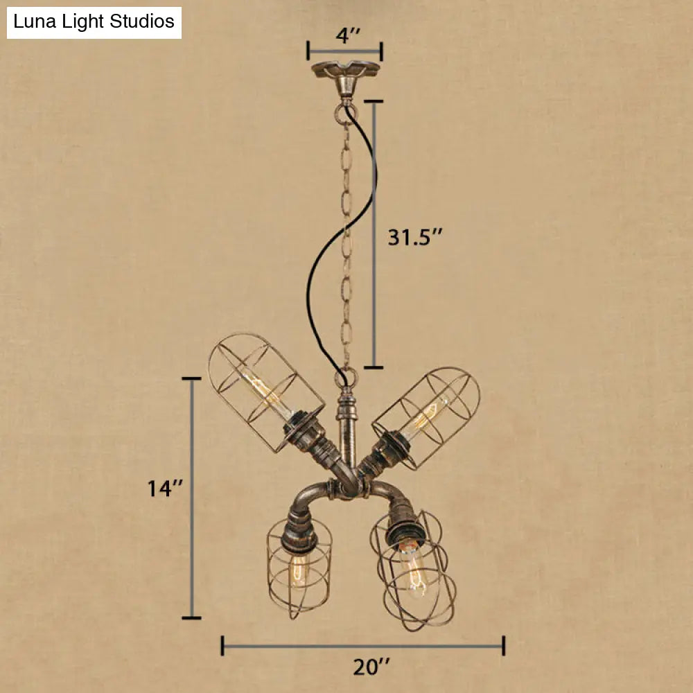 Coastal Style Bronze/Antique Silver Hanging Chandelier Pendant Light with 4-Light Caged Design and Wrought Iron Pipe