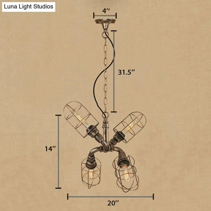 Coastal Style Bronze/Antique Silver Hanging Chandelier Pendant Light with 4-Light Caged Design and Wrought Iron Pipe
