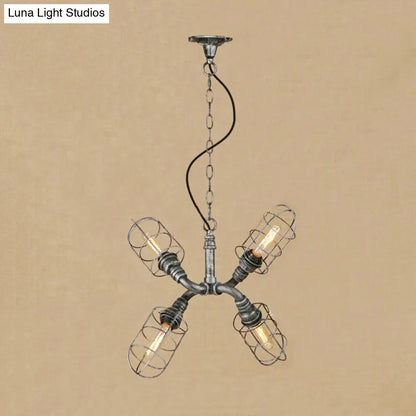 Coastal Style Bronze/Antique Silver Hanging Chandelier Pendant Light with 4-Light Caged Design and Wrought Iron Pipe