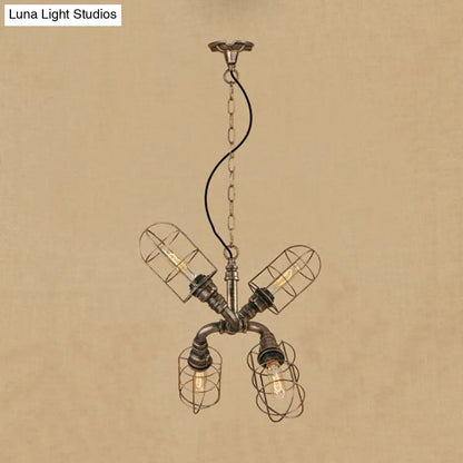 Coastal Style Bronze/Antique Silver Hanging Chandelier Pendant Light with 4-Light Caged Design and Wrought Iron Pipe