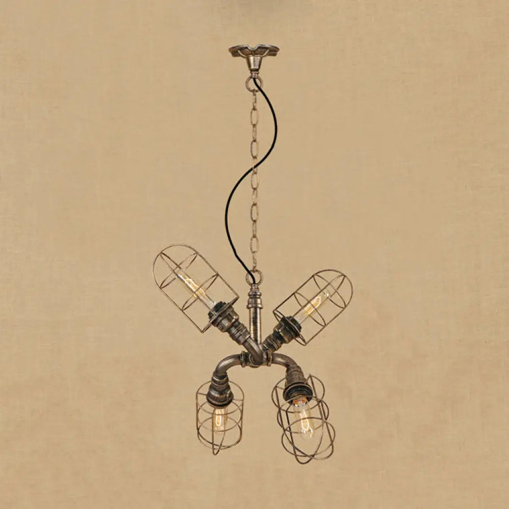 Coastal Style Bronze/Antique Silver Hanging Chandelier Pendant Light with 4-Light Caged Design and Wrought Iron Pipe