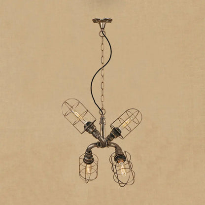 Coastal Style Bronze/Antique Silver Hanging Chandelier Pendant Light with 4-Light Caged Design and Wrought Iron Pipe