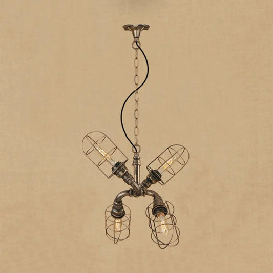 Coastal Style Bronze/Antique Silver Hanging Chandelier Pendant Light with 4-Light Caged Design and Wrought Iron Pipe