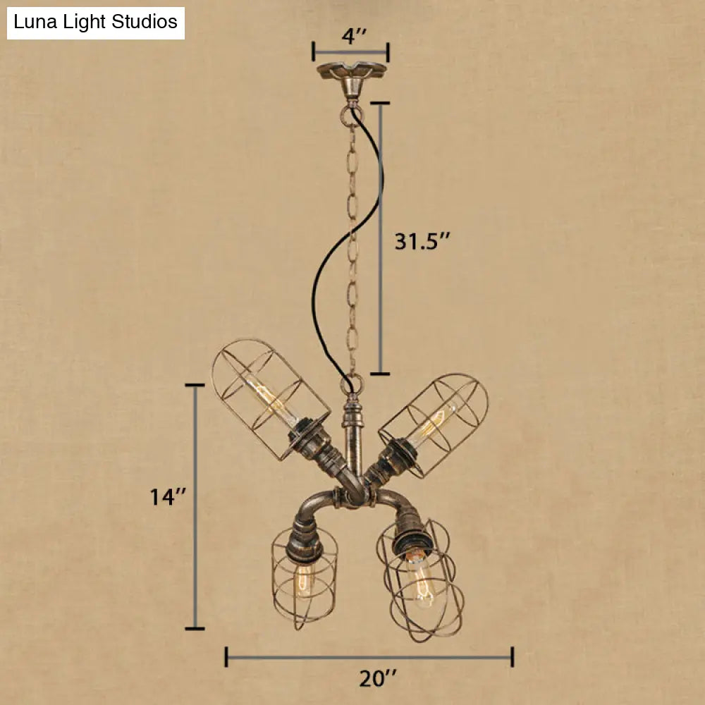 Coastal Style Bronze/Antique Silver Hanging Chandelier Pendant Light with 4-Light Caged Design and Wrought Iron Pipe