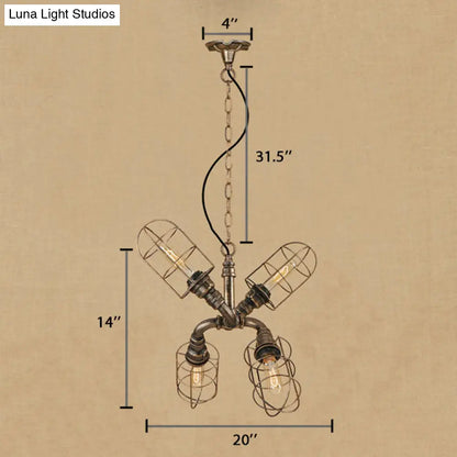 Coastal Style Bronze/Antique Silver Hanging Chandelier Pendant Light with 4-Light Caged Design and Wrought Iron Pipe