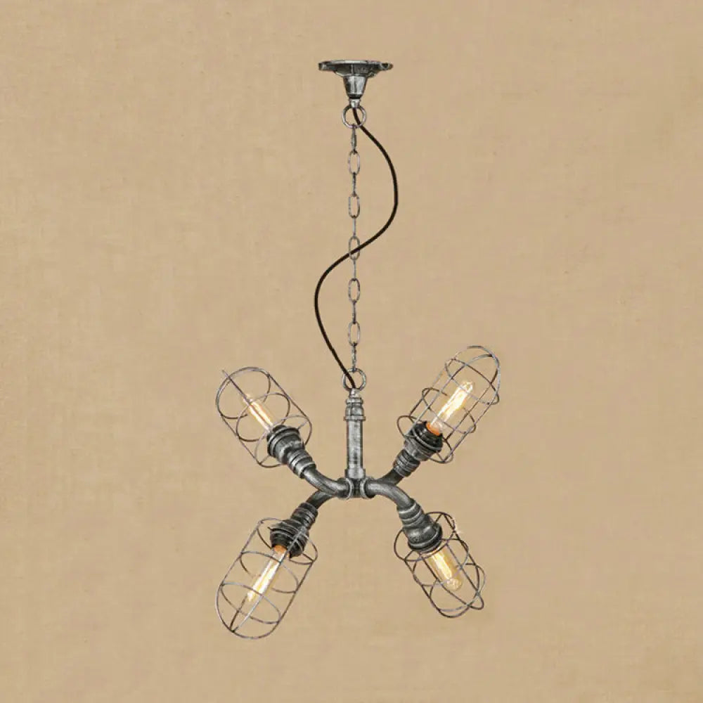 Coastal Style Bronze/Antique Silver Hanging Chandelier Pendant Light with 4-Light Caged Design and Wrought Iron Pipe