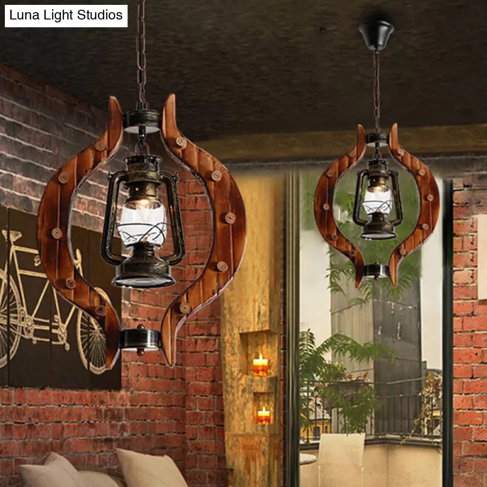 Coastal Style Bronze Kerosene Lamp Pendant with Wood Frame - 1 Light Hanging Bar Metal Fixture