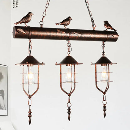 DecorBites™ Coastal Style Metal Caged Island Pendant Light - 3-Light Kitchen Hanging Lamp in Bronze/Weathered Copper with Bird