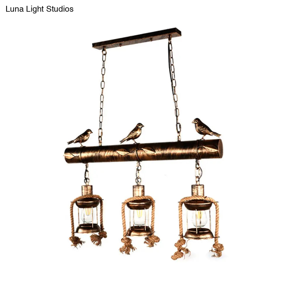 DecorBites™ Coastal Style Metal Caged Island Pendant Light - 3-Light Kitchen Hanging Lamp in Bronze/Weathered Copper with Bird