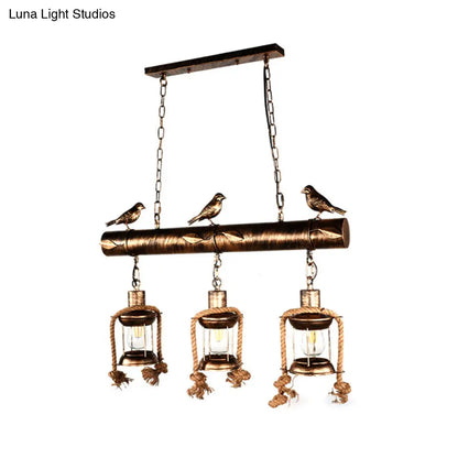 DecorBites™ Coastal Style Metal Caged Island Pendant Light - 3-Light Kitchen Hanging Lamp in Bronze/Weathered Copper with Bird