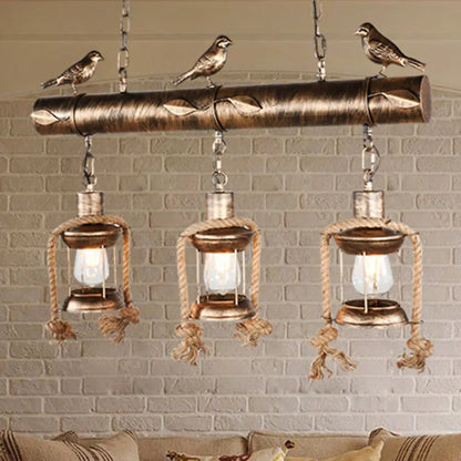 DecorBites™ Coastal Style Metal Caged Island Pendant Light - 3-Light Kitchen Hanging Lamp in Bronze/Weathered Copper with Bird