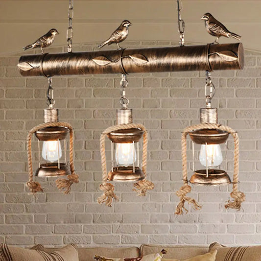 DecorBites™ Coastal Style Metal Caged Island Pendant Light - 3-Light Kitchen Hanging Lamp in Bronze/Weathered Copper with Bird