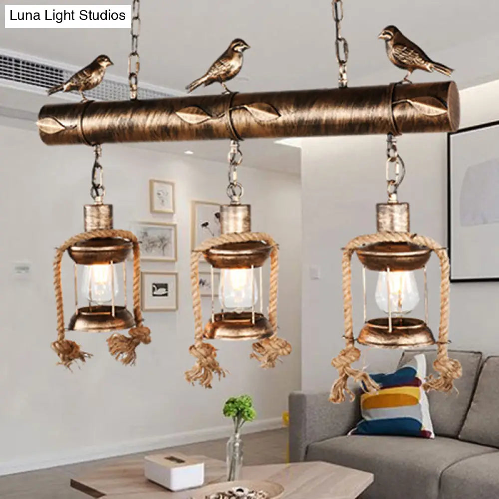 DecorBites™ Coastal Style Metal Caged Island Pendant Light - 3-Light Kitchen Hanging Lamp in Bronze/Weathered Copper with Bird