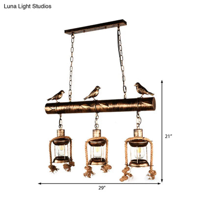 DecorBites™ Coastal Style Metal Caged Island Pendant Light - 3-Light Kitchen Hanging Lamp in Bronze/Weathered Copper with Bird