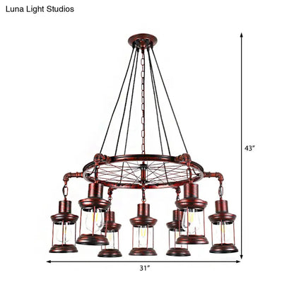 Coastal Weathered Copper Chandelier with 7 Lights - Rustic Metal Lantern Pendant Lamp