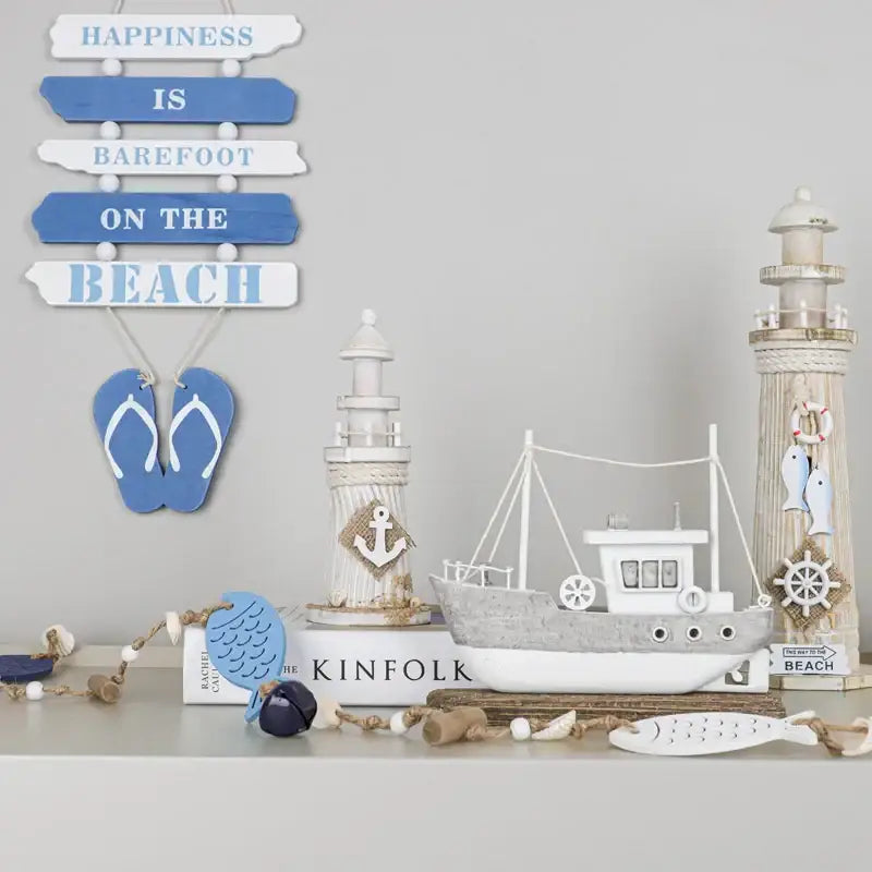 White and gray painted wooden ship model with rope details for decorbites coastal wooden living room decor