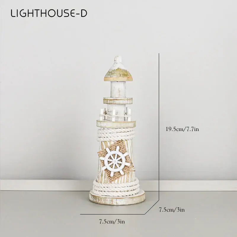 Coastal wooden lighthouse decor in white and gray with distressed finish, rope base, and nautical wheel accent for living room