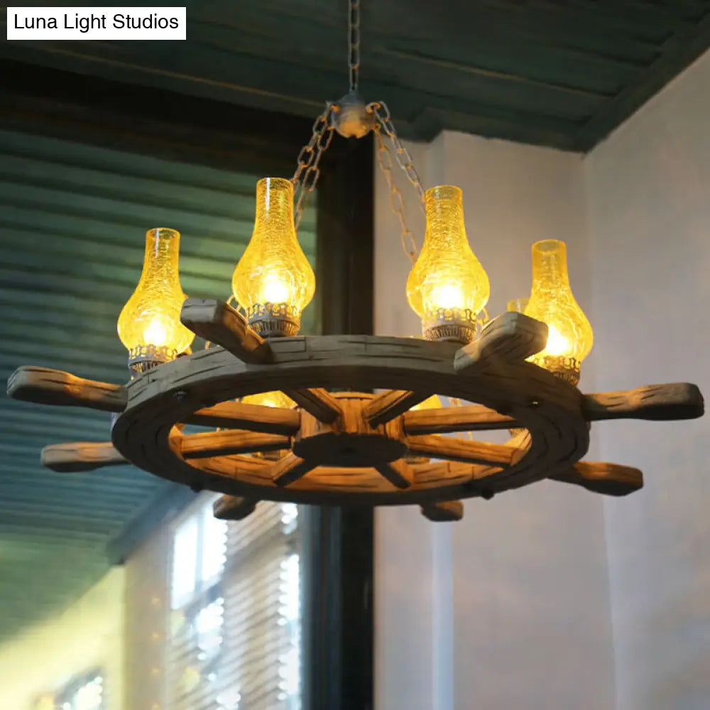 Coastal Wood Rudder Pendant Light Kit with Yellow Crackle Glass Shade - 8-Light Chandelier Lighting