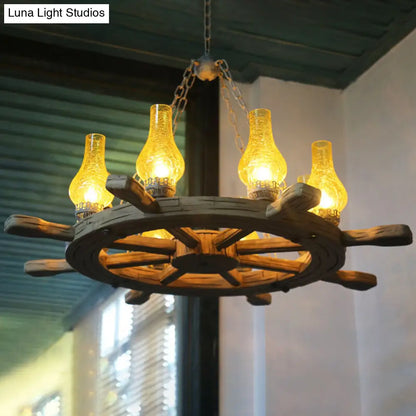 Coastal Wood Rudder Pendant Light Kit with Yellow Crackle Glass Shade - 8-Light Chandelier Lighting