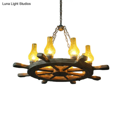 Coastal Wood Rudder Pendant Light Kit with Yellow Crackle Glass Shade - 8-Light Chandelier Lighting