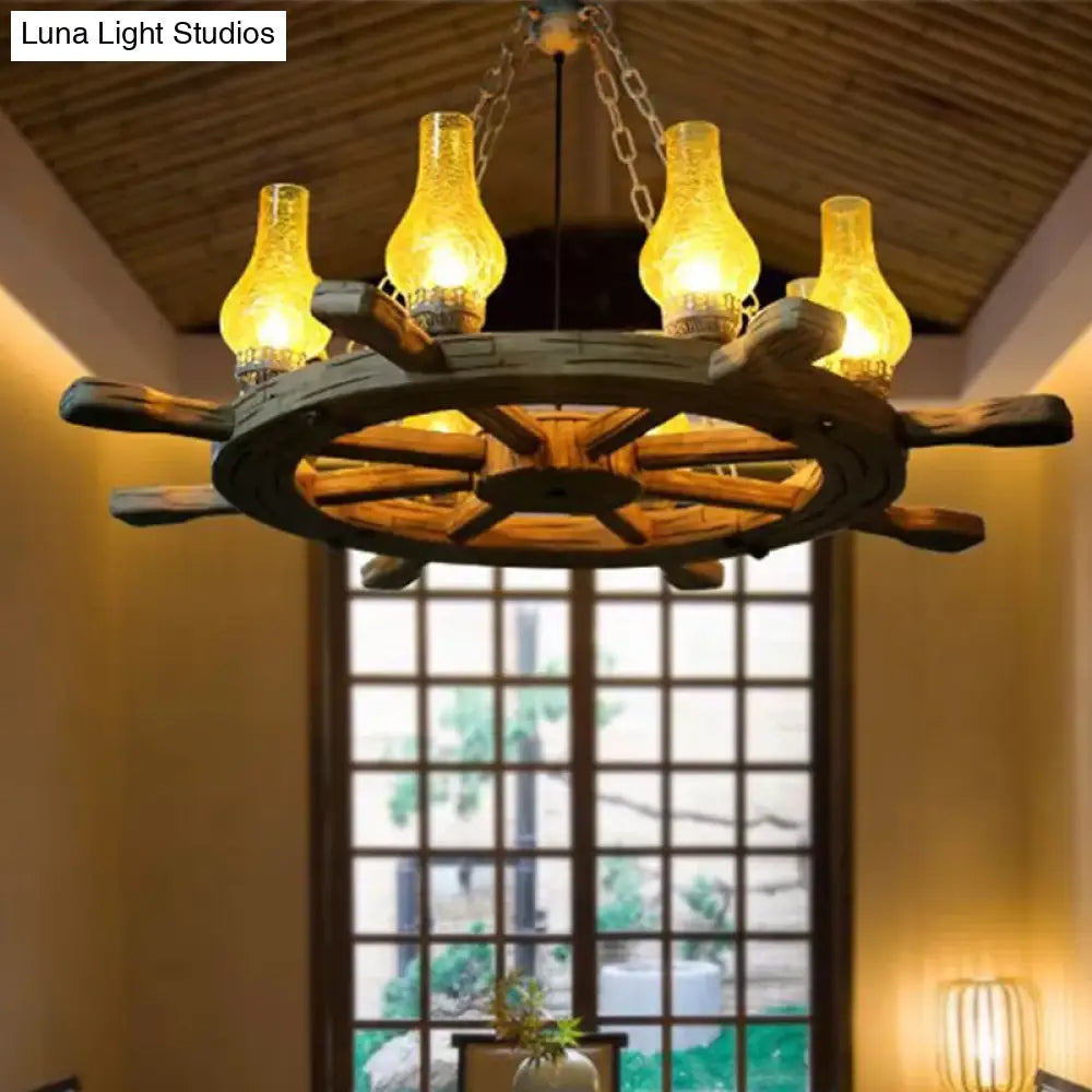Coastal Wood Rudder Pendant Light Kit with Yellow Crackle Glass Shade - 8-Light Chandelier Lighting
