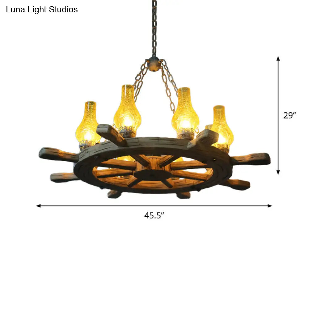 Coastal Wood Rudder Pendant Light Kit with Yellow Crackle Glass Shade - 8-Light Chandelier Lighting