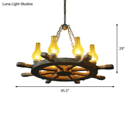 Coastal Wood Rudder Pendant Light Kit with Yellow Crackle Glass Shade - 8-Light Chandelier Lighting