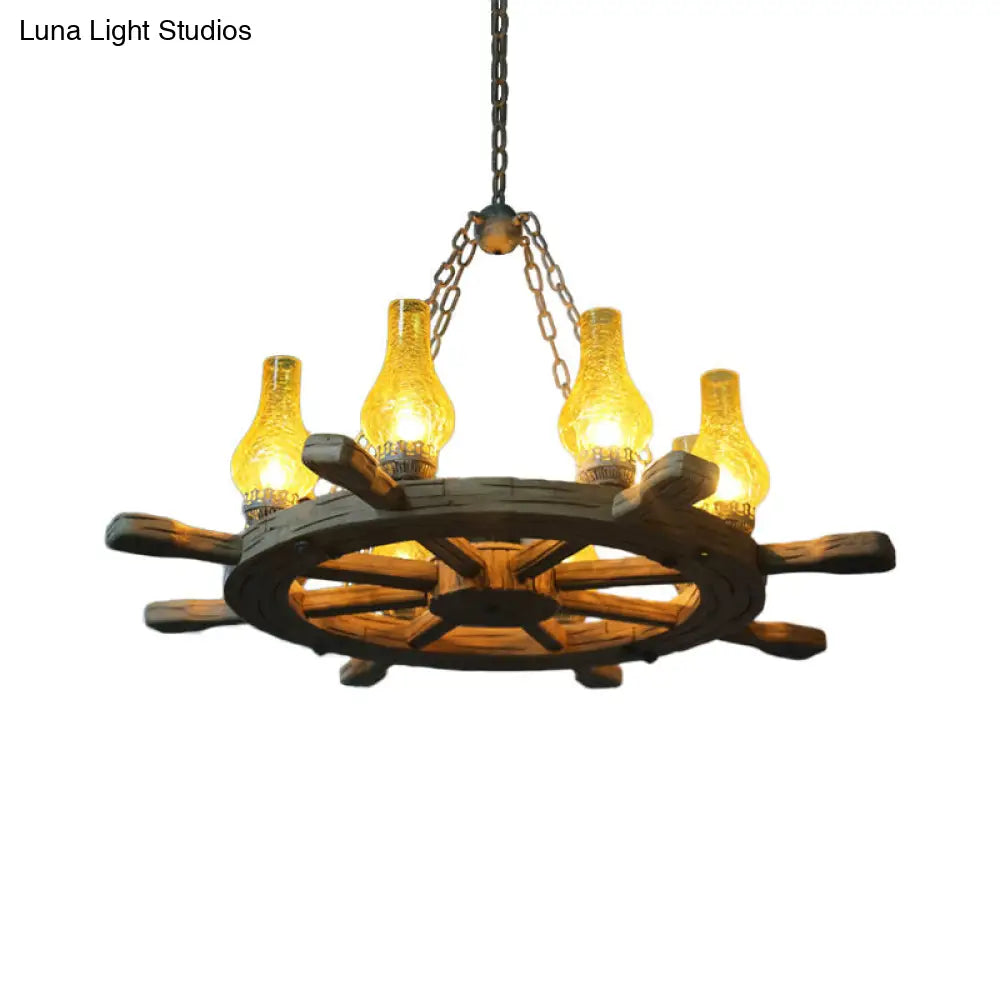 Coastal Wood Rudder Pendant Light Kit with Yellow Crackle Glass Shade - 8-Light Chandelier Lighting