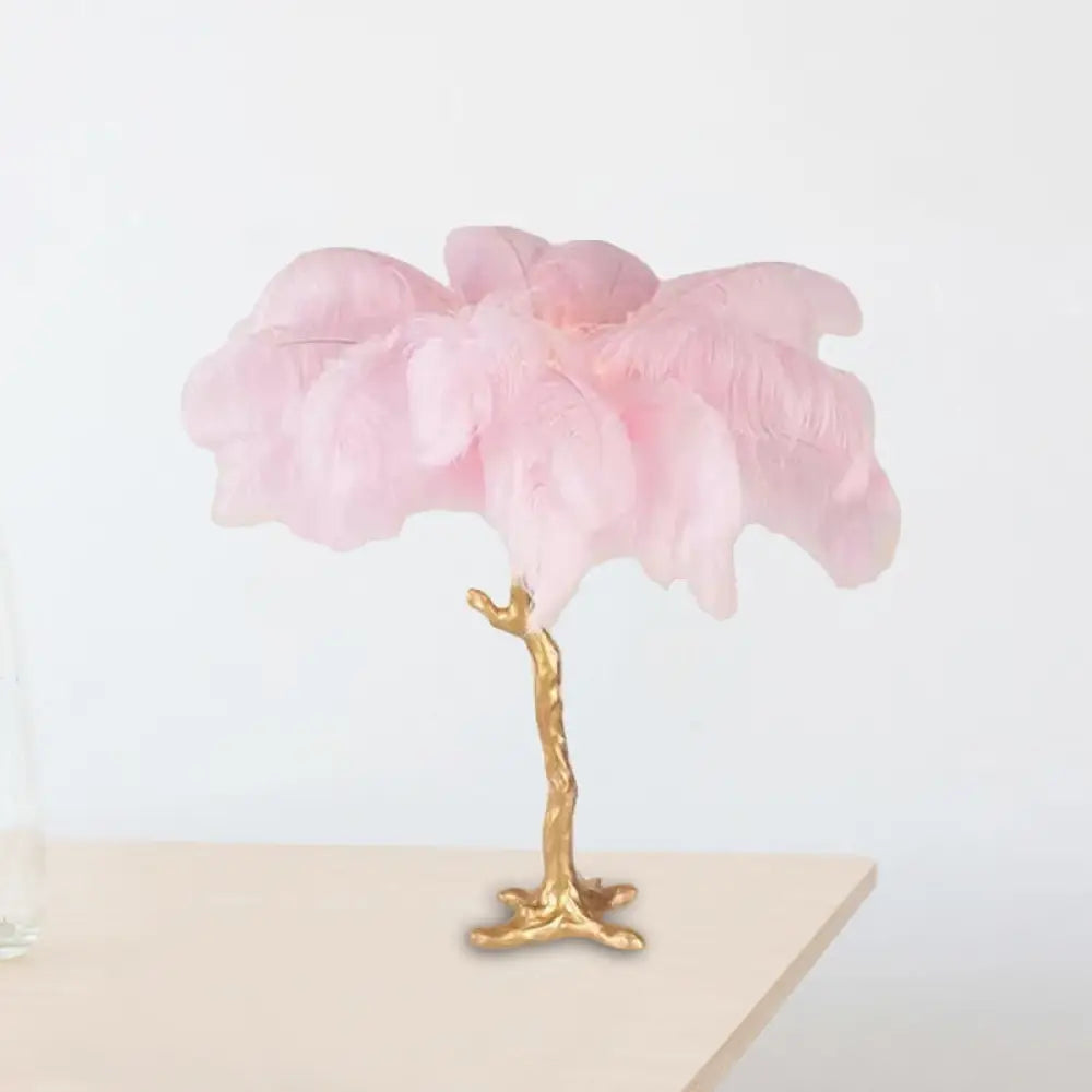 Lámpara de noche con forma de cocotero: Diseño artístico de plumas, rosa y dorado - Perfecta para la mesa de la sala de estar