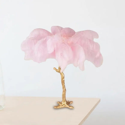 Lámpara de noche con forma de cocotero: Diseño artístico de plumas, rosa y dorado - Perfecta para la mesa de la sala de estar