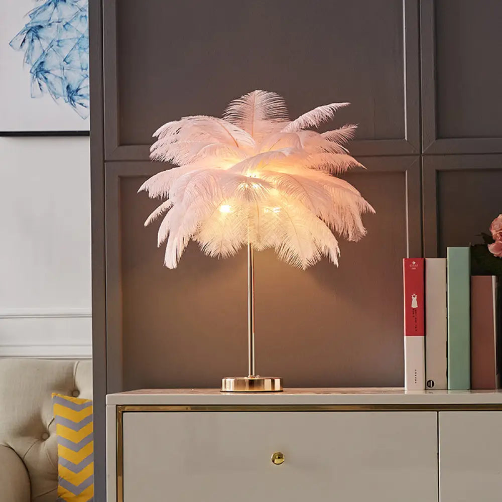 Coconut Tree Shaped Night Light with Decorative Feather - 1 Head Accent Table Lamp for Living Room