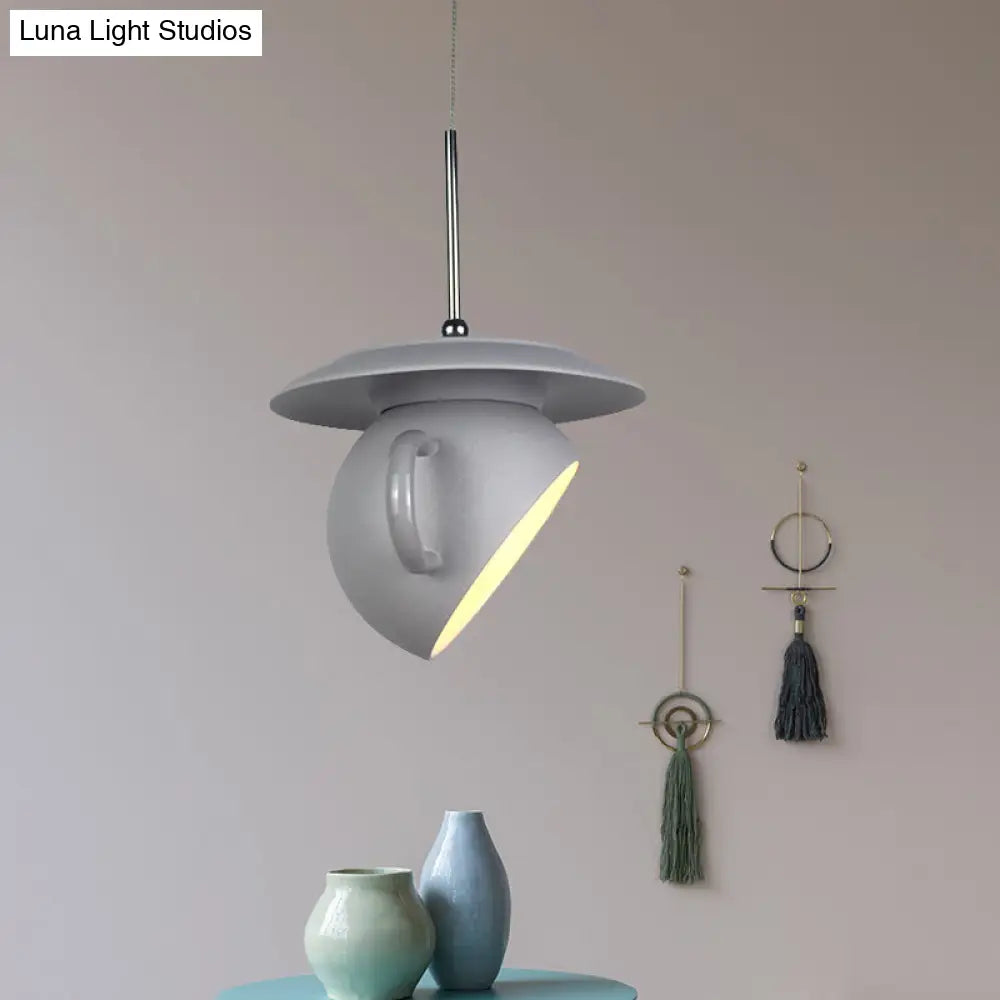 Coffee Cup Macaron Pendant Light with Cement Shade - White/Blue/Yellow Finish, LED Ceiling Lamp Fixture