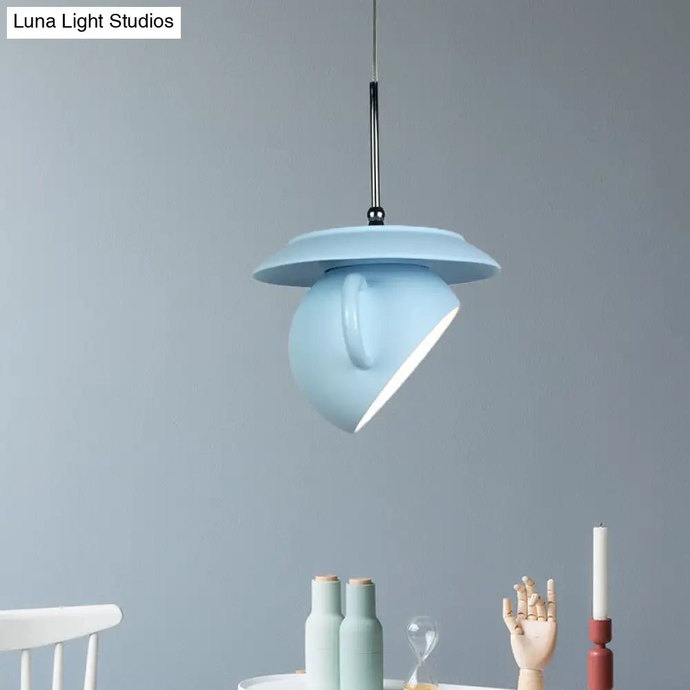 Coffee Cup Macaron Pendant Light with Cement Shade - White/Blue/Yellow Finish, LED Ceiling Lamp Fixture