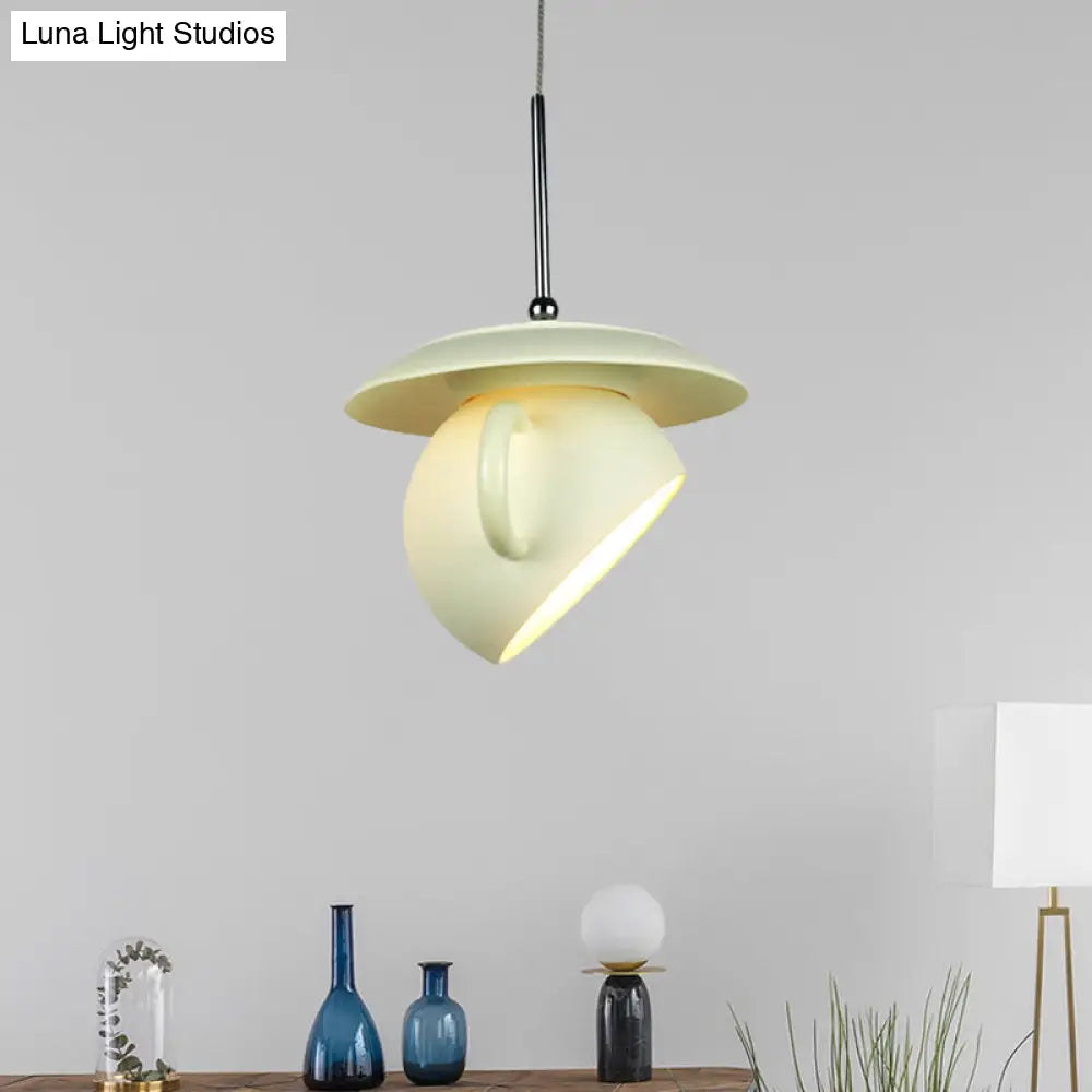 Coffee Cup Macaron Pendant Light with Cement Shade - White/Blue/Yellow Finish, LED Ceiling Lamp Fixture