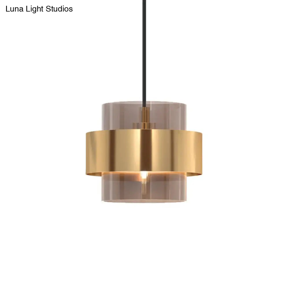 Cognac Glass Pendant Light Fixture with Nordic Design and Gold Ring Guard