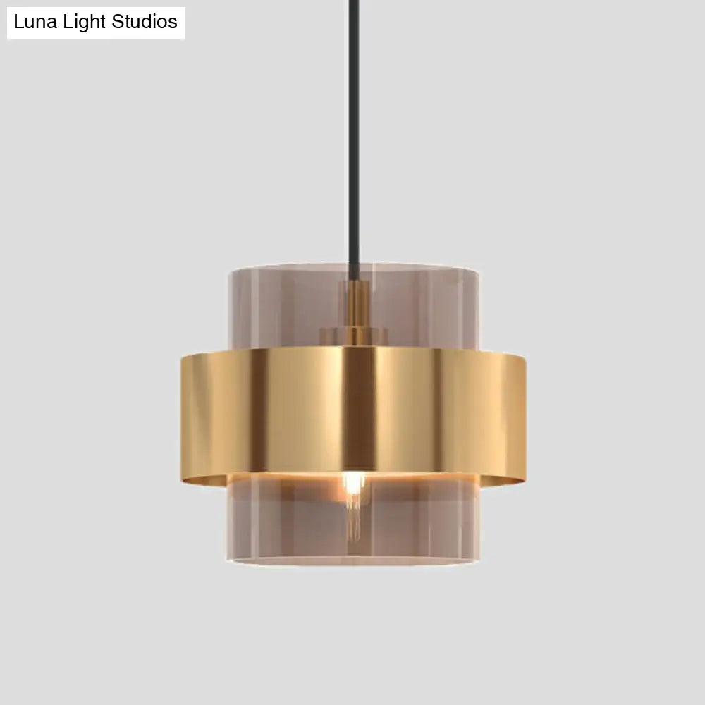 Cognac Glass Pendant Light Fixture with Nordic Design and Gold Ring Guard