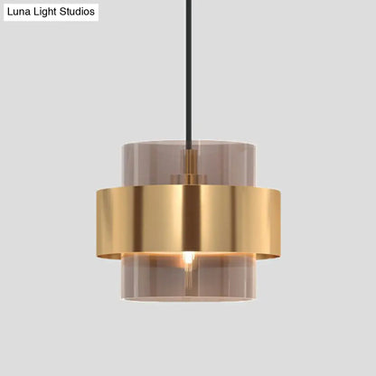 Cognac Glass Pendant Light Fixture with Nordic Design and Gold Ring Guard