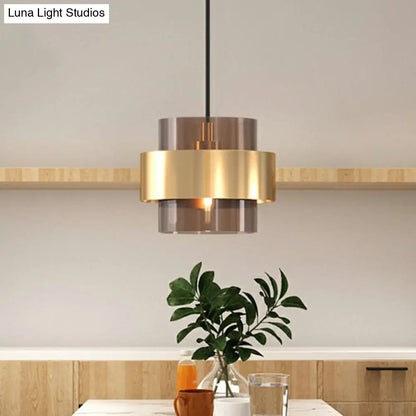 Cognac Glass Pendant Light Fixture with Nordic Design and Gold Ring Guard