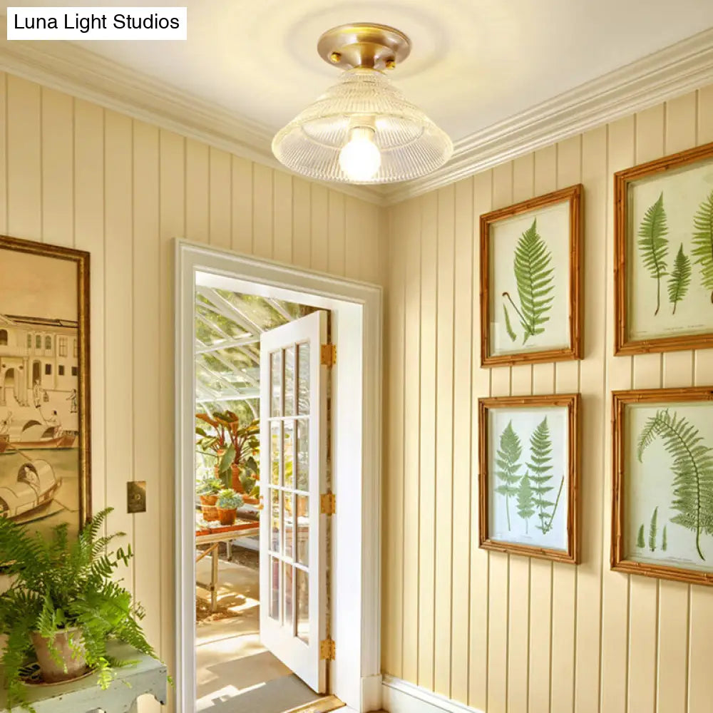 DecorBites™ DecorBites™ Colonial Brass Clear Ribbed Glass Flush Mount Light - 7.5"/8" Width, Cone/Bell Ceiling Fixture, Single Bulb, Ideal for Hallway