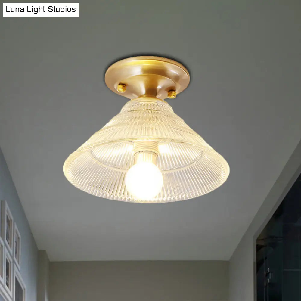 DecorBites™ DecorBites™ Colonial Brass Clear Ribbed Glass Flush Mount Light - 7.5"/8" Width, Cone/Bell Ceiling Fixture, Single Bulb, Ideal for Hallway