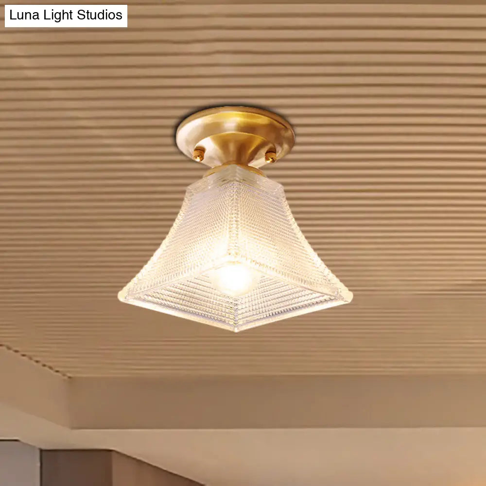 DecorBites™ DecorBites™ Colonial Brass Clear Ribbed Glass Flush Mount Light - 7.5"/8" Width, Cone/Bell Ceiling Fixture, Single Bulb, Ideal for Hallway