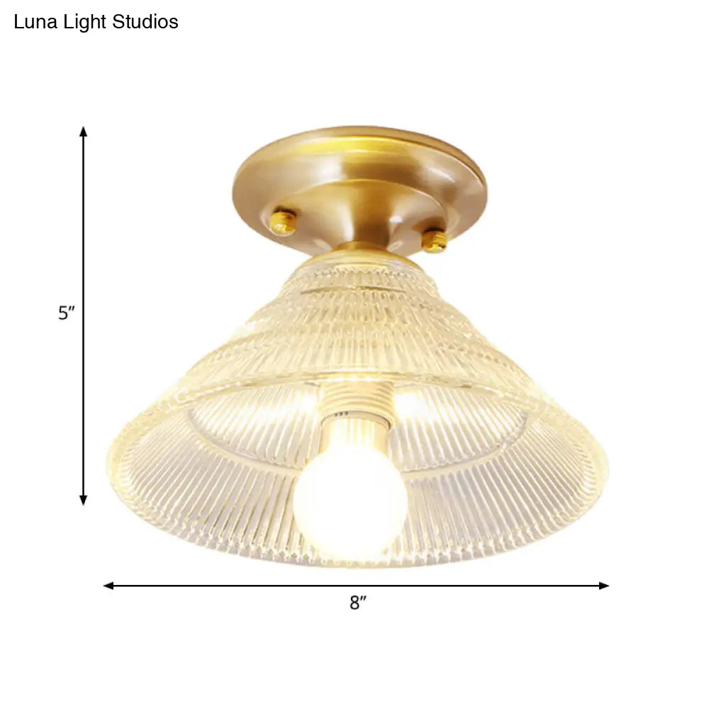 DecorBites™ DecorBites™ Colonial Brass Clear Ribbed Glass Flush Mount Light - 7.5"/8" Width, Cone/Bell Ceiling Fixture, Single Bulb, Ideal for Hallway