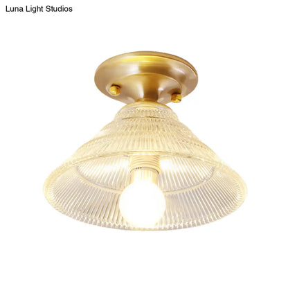 DecorBites™ DecorBites™ Colonial Brass Clear Ribbed Glass Flush Mount Light - 7.5"/8" Width, Cone/Bell Ceiling Fixture, Single Bulb, Ideal for Hallway
