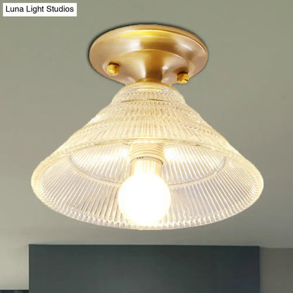 DecorBites™ DecorBites™ Colonial Brass Clear Ribbed Glass Flush Mount Light - 7.5"/8" Width, Cone/Bell Ceiling Fixture, Single Bulb, Ideal for Hallway