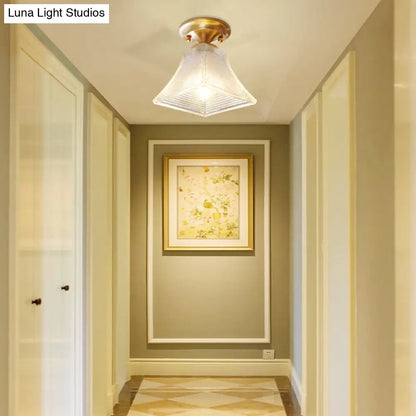 DecorBites™ DecorBites™ Colonial Brass Clear Ribbed Glass Flush Mount Light - 7.5"/8" Width, Cone/Bell Ceiling Fixture, Single Bulb, Ideal for Hallway