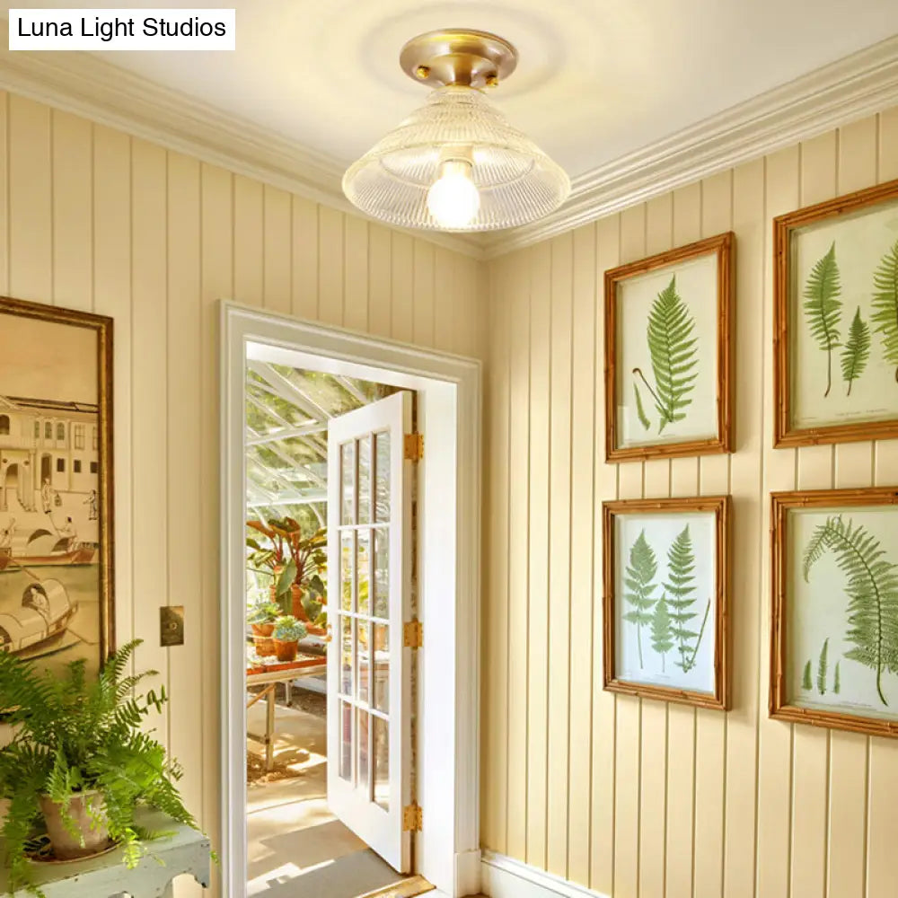 DecorBites™ DecorBites™ Colonial Brass Clear Ribbed Glass Flush Mount Light - 7.5"/8" Width, Cone/Bell Ceiling Fixture, Single Bulb, Ideal for Hallway