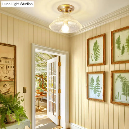 DecorBites™ DecorBites™ Colonial Brass Clear Ribbed Glass Flush Mount Light - 7.5"/8" Width, Cone/Bell Ceiling Fixture, Single Bulb, Ideal for Hallway