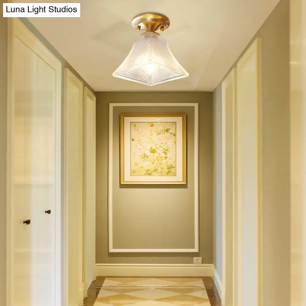 DecorBites™ DecorBites™ Colonial Brass Clear Ribbed Glass Flush Mount Light - 7.5"/8" Width, Cone/Bell Ceiling Fixture, Single Bulb, Ideal for Hallway